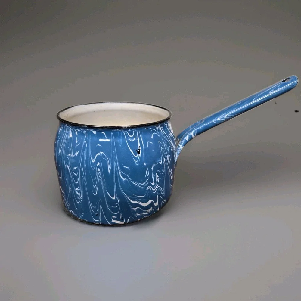 Vintage Blue White Swirl Graniteware Enamel Saucepan Nesting Pot Set of 2 +Spoon